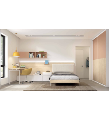 Dormitorio juvenil con cama tapizada y armario corredero