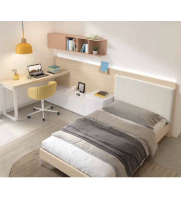 Dormitorio juvenil con cama tapizada y armario corredero