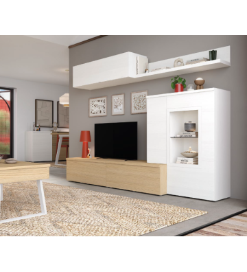 Salón escandinavo blanco y madera natural