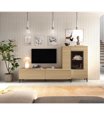 Mueble de salón moderno con vitrina alta y patas metálicas