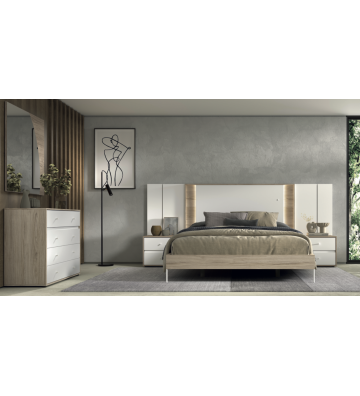 Dormitorio moderno con cabecero retroiluminado y estética natural