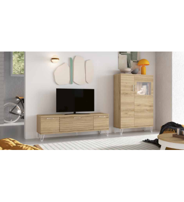 Mueble de salón con módulo TV suspendido y vitrina alta en acabado madera