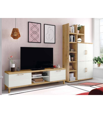 Mueble de salón con módulo TV, estantería abierta y armario alto en acabado madera y blanco