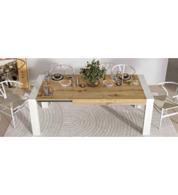 Mesa de comedor extensible de 140 a 200 cm en madera natural y patas blancas