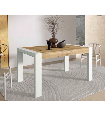 Mesa de comedor extensible de 140 a 200 cm en madera natural y patas blancas