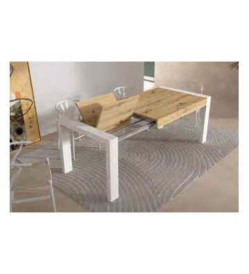Mesa de comedor extensible de 140 a 200 cm en madera natural y patas blancas