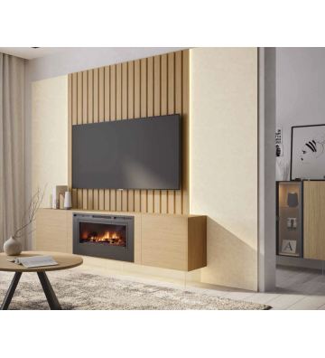 Mueble TV con chimenea integrada y panel listonado