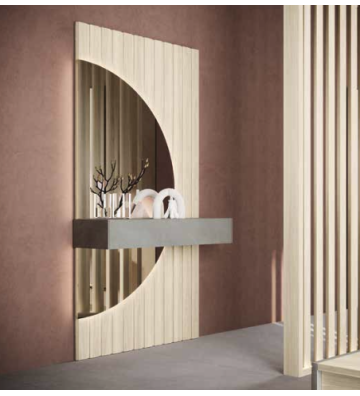 Recibidor de diseño con espejo circular y panel alistonado