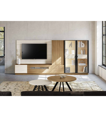 Mueble de salón modular con vitrina y panel TV acabado madera natural