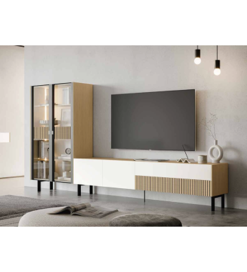 Composición de salón modular con vitrina y módulo TV acabado blanco y roble natural