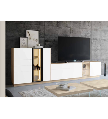 Mueble de salón moderno blanco y roble con vitrina iluminada y módulo TV